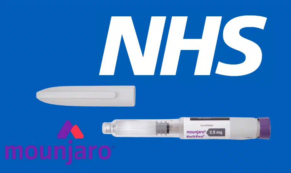 PPRX  NHS logo on blue background with a Mounjaro KwikPen injection pen and its cap.